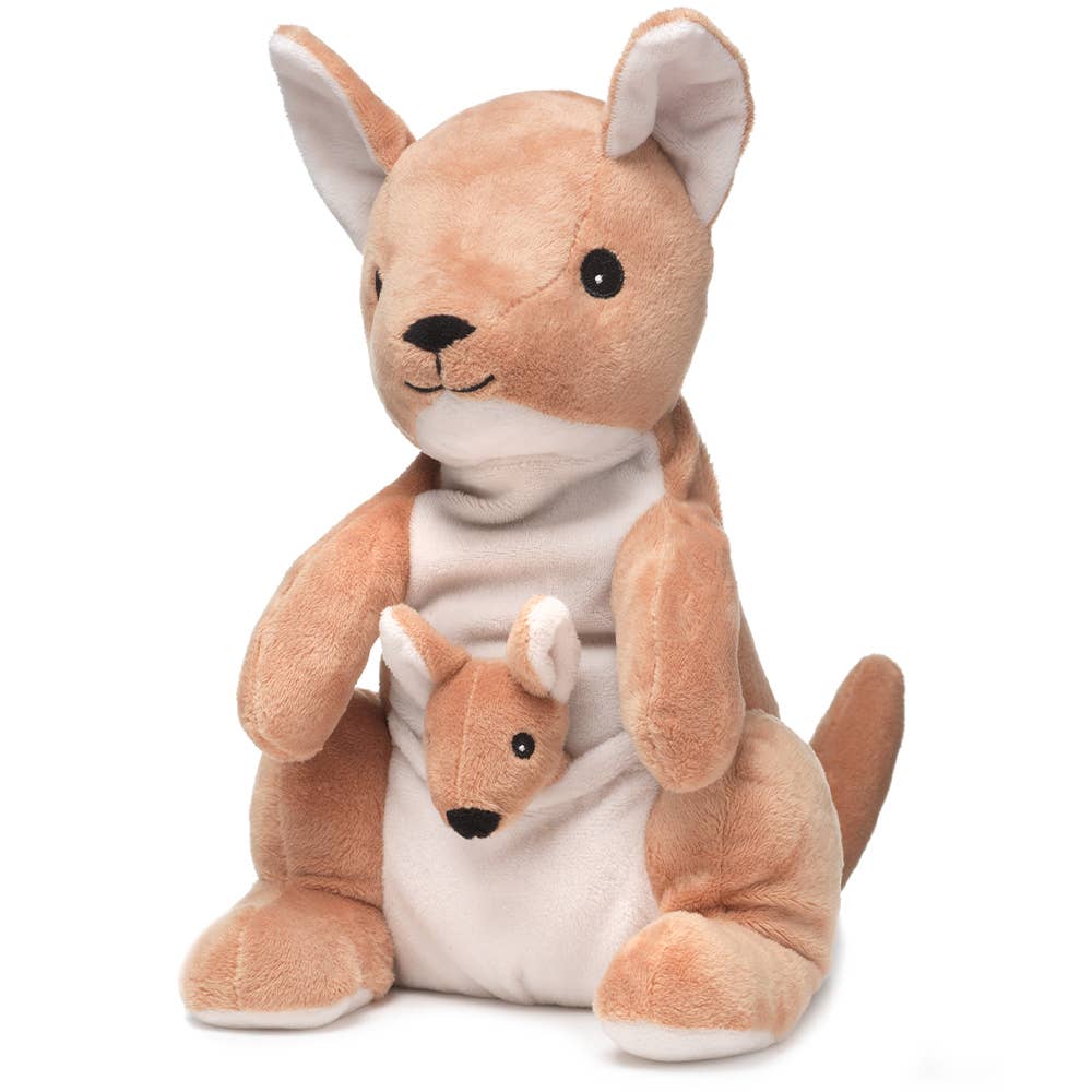 A plush kangaroo toy with a smaller kangaroo peeking out from its pouch, both with a brown and white color scheme.
