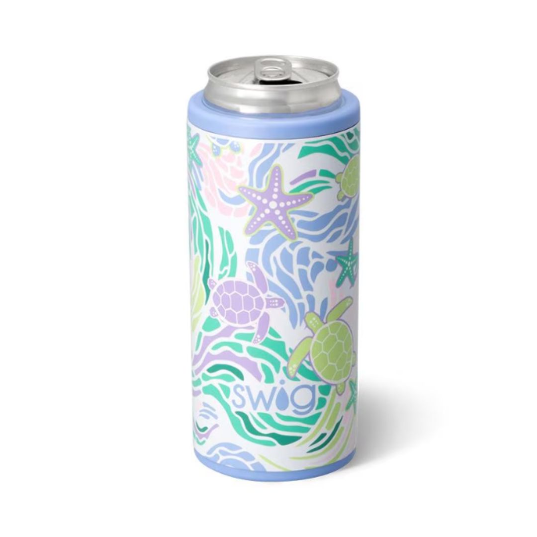 A colorful skinny can cooler with a floral and turtle pattern, branded with 'SWIG'.