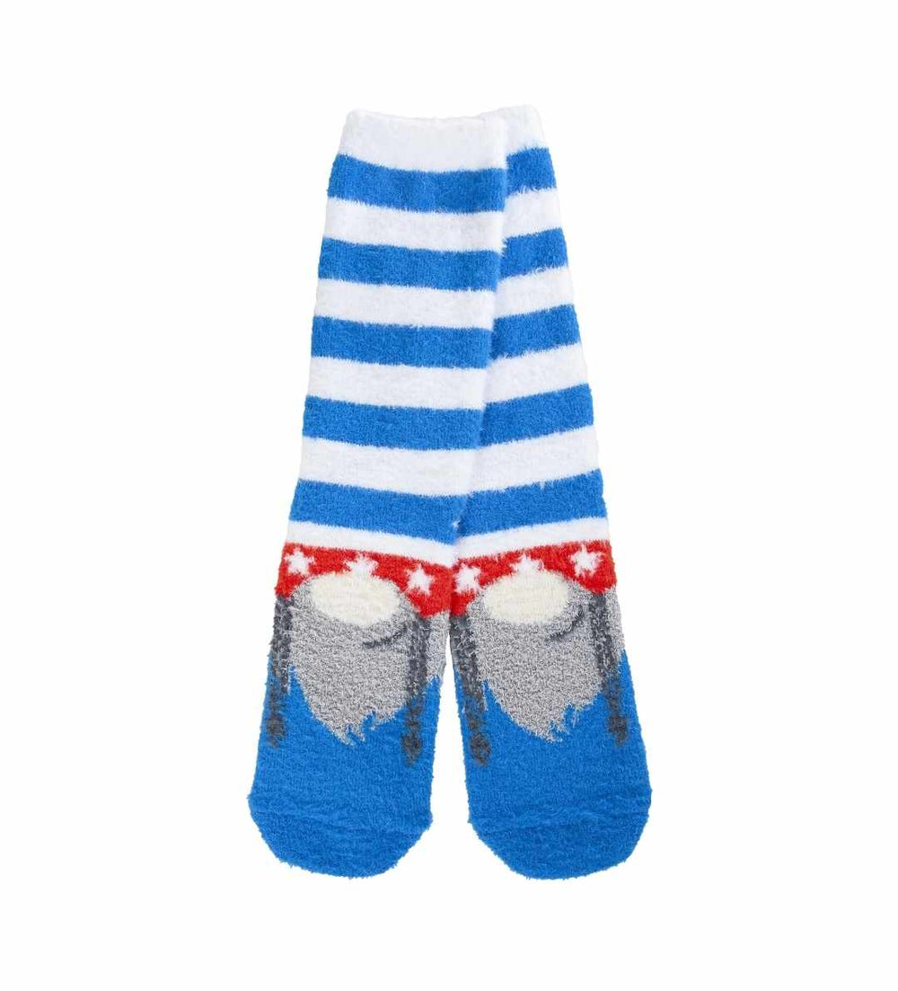 A pair of blue and white striped crew socks with a Christmas-themed gnome graphic.