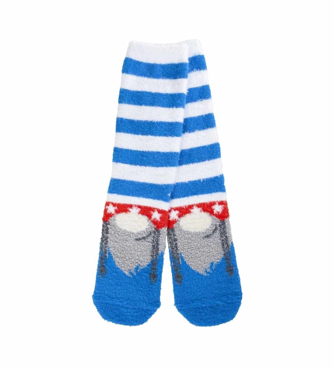 A pair of blue and white striped crew socks with a Christmas-themed gnome graphic.