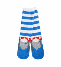 A pair of blue and white striped crew socks with a Christmas-themed gnome graphic.