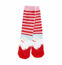 a pair of tall socks with a gnome design and stripes in red white and a little light blue