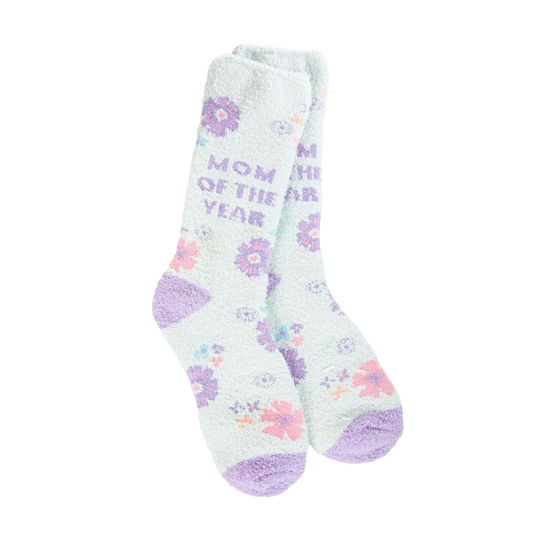frost blue colored background with purple heel and toe, purple and pink flowers and the words Mom of the year, in purple.