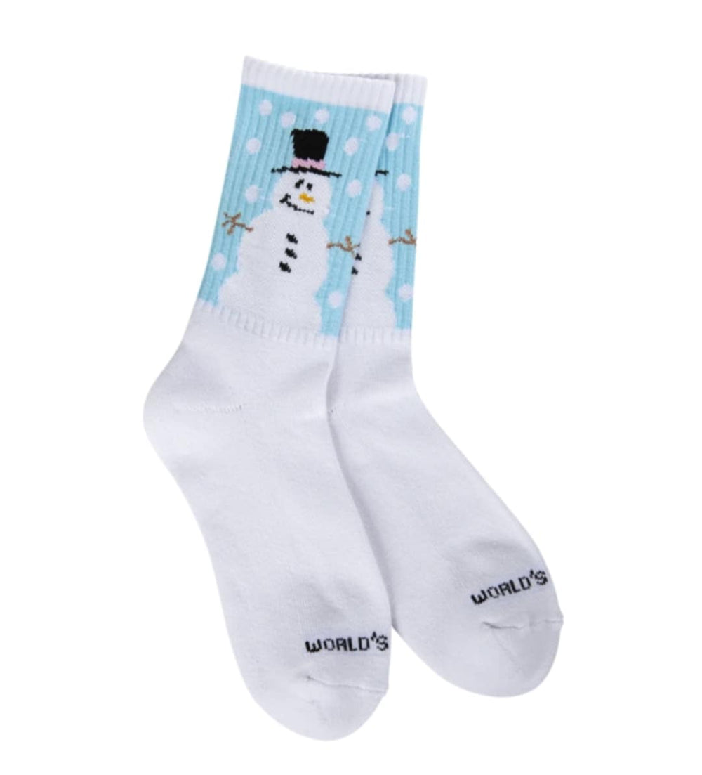 a white crew sock with a snowman wearing a black top hat, on a light blue background with snow. The design starts above the ankle and goes to the top of the sock. The bottom of the sock is white. Across the toes it reads World's Softest