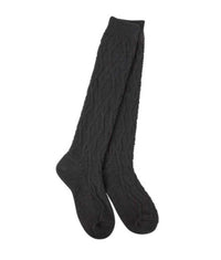 a pair of knee socks, black, with texture similar to a cable knit sweater