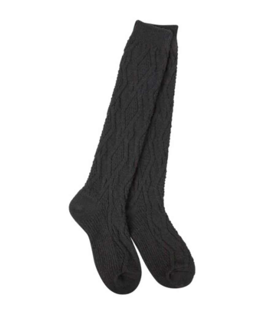a pair of knee socks, black, with texture similar to a cable knit sweater