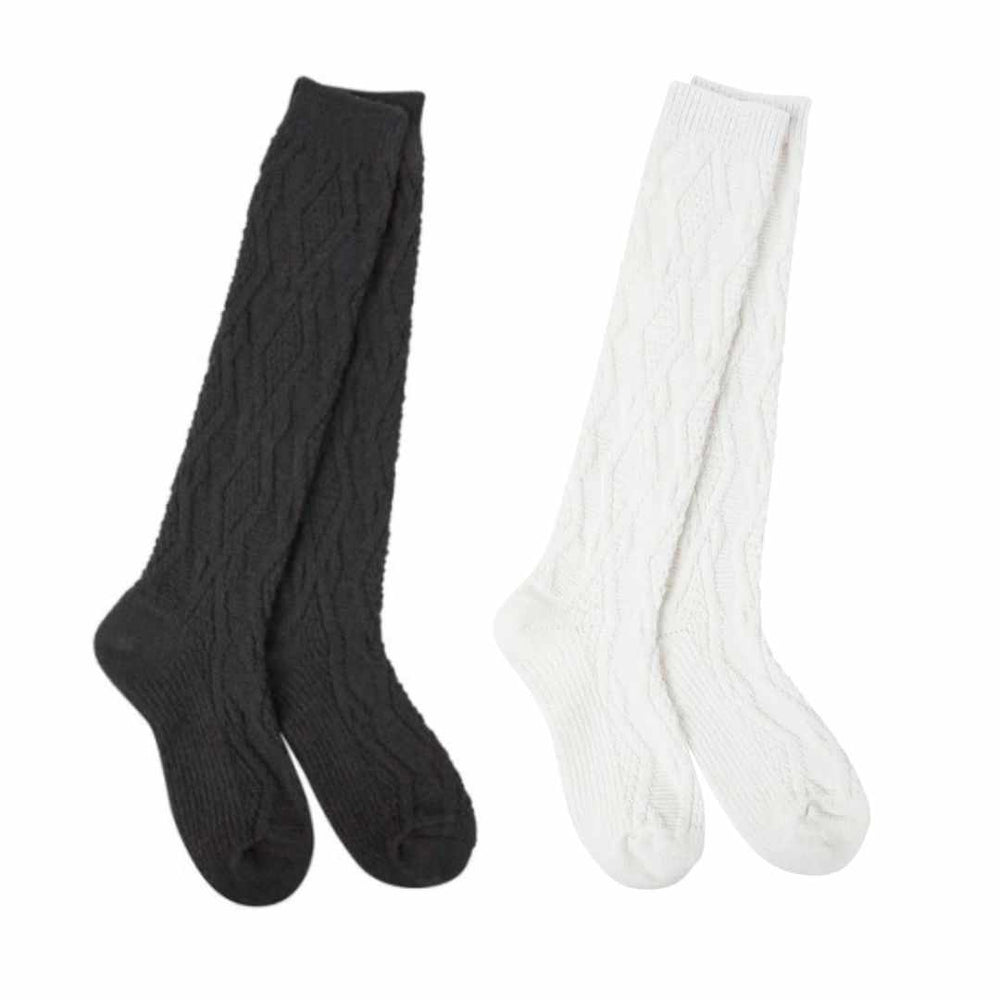 A pair of black knee-high socks with a ribbed top, displayed alongside a pair of white knee-high socks.