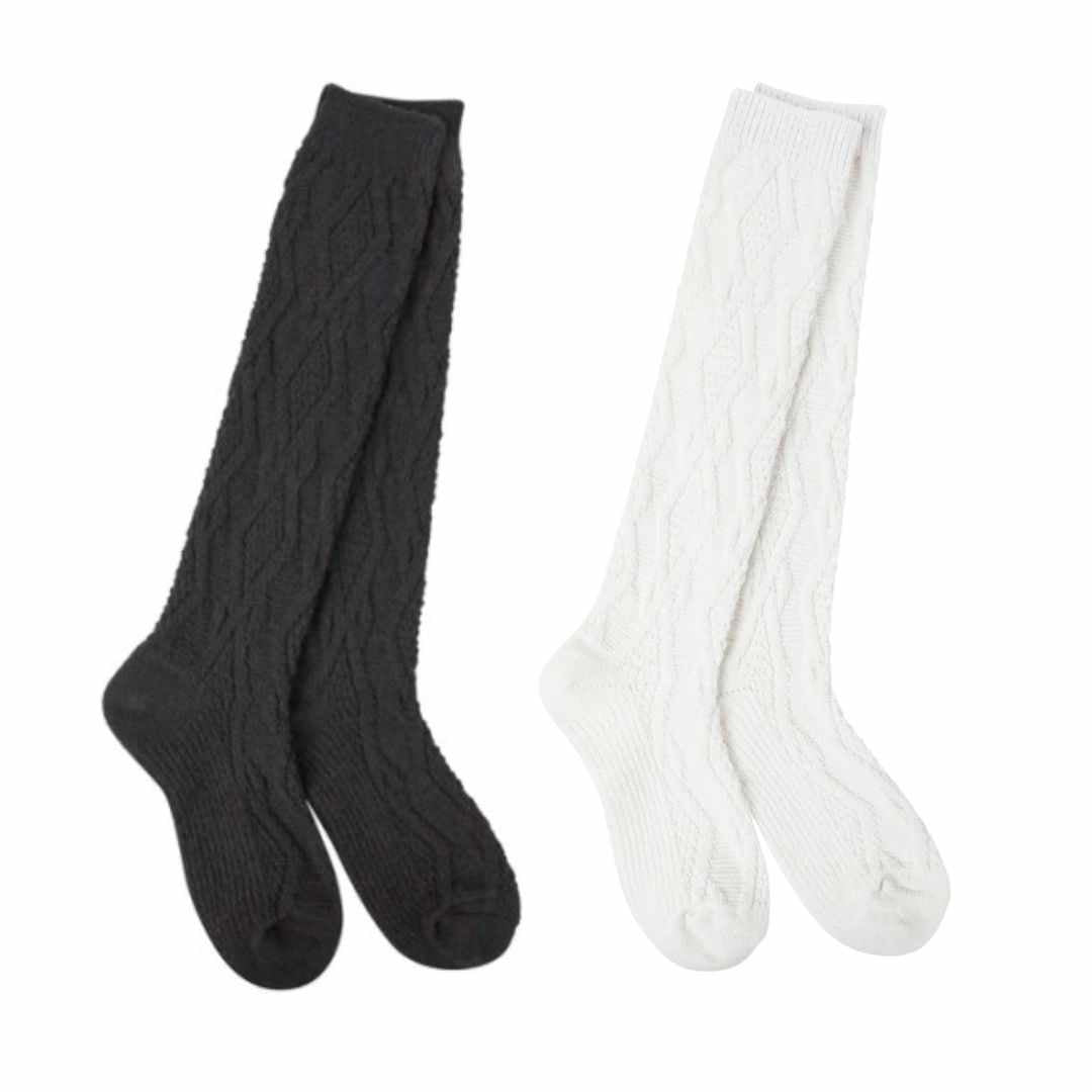 A pair of black knee-high socks with a ribbed top, displayed alongside a pair of white knee-high socks.