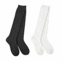 A pair of black knee-high socks with a ribbed top, displayed alongside a pair of white knee-high socks.