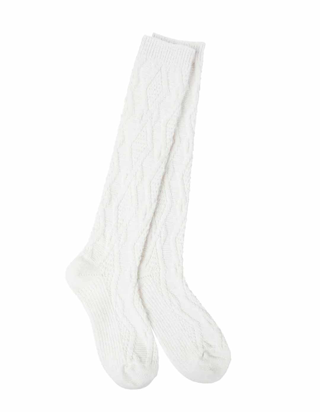 a pair of knee socks, white, with texture similar to a cable knit sweater