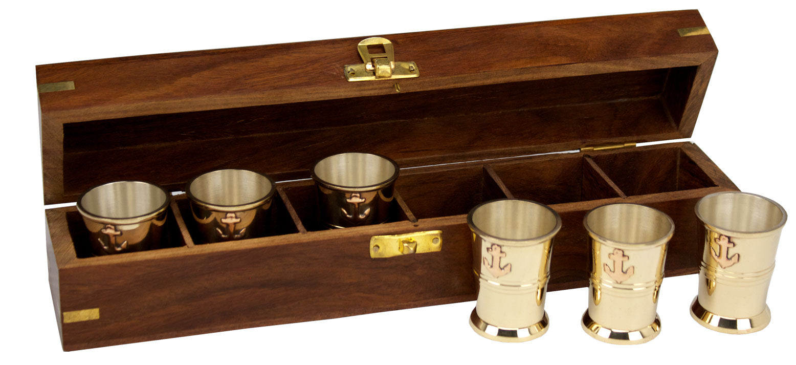 Anchors Away Brass Shot Glass gift set