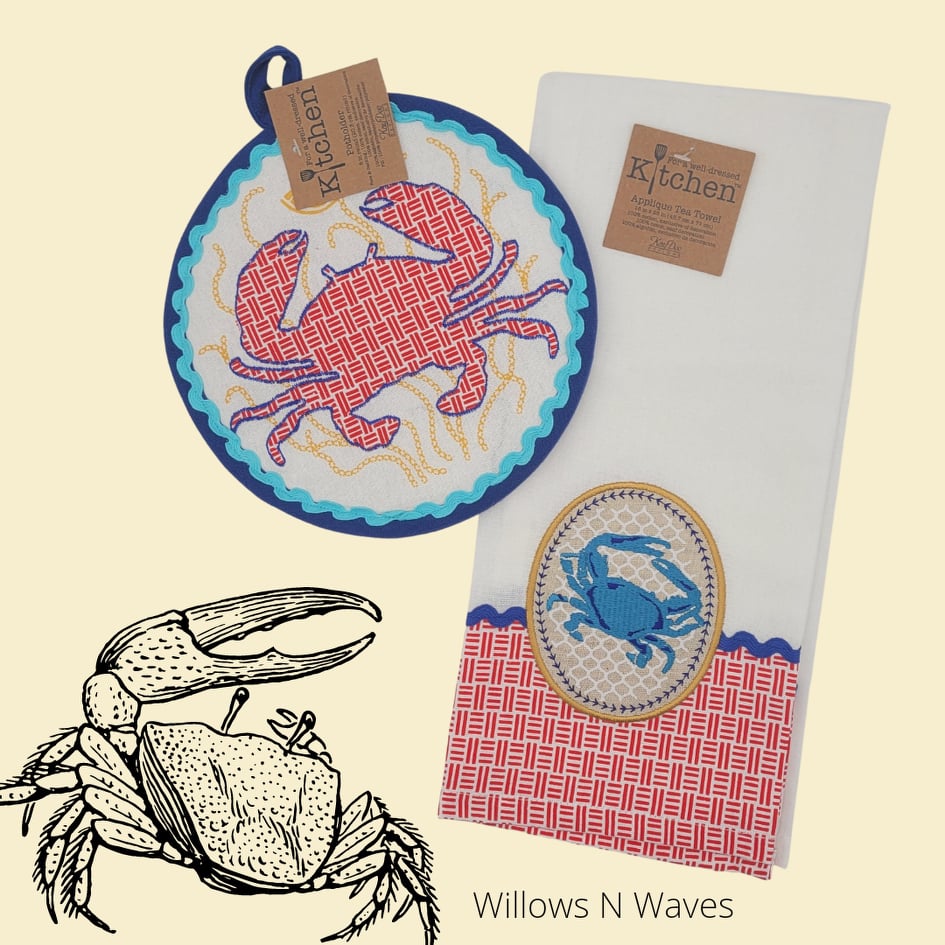 Fresh Catch Crab Embroidered Tea Towel